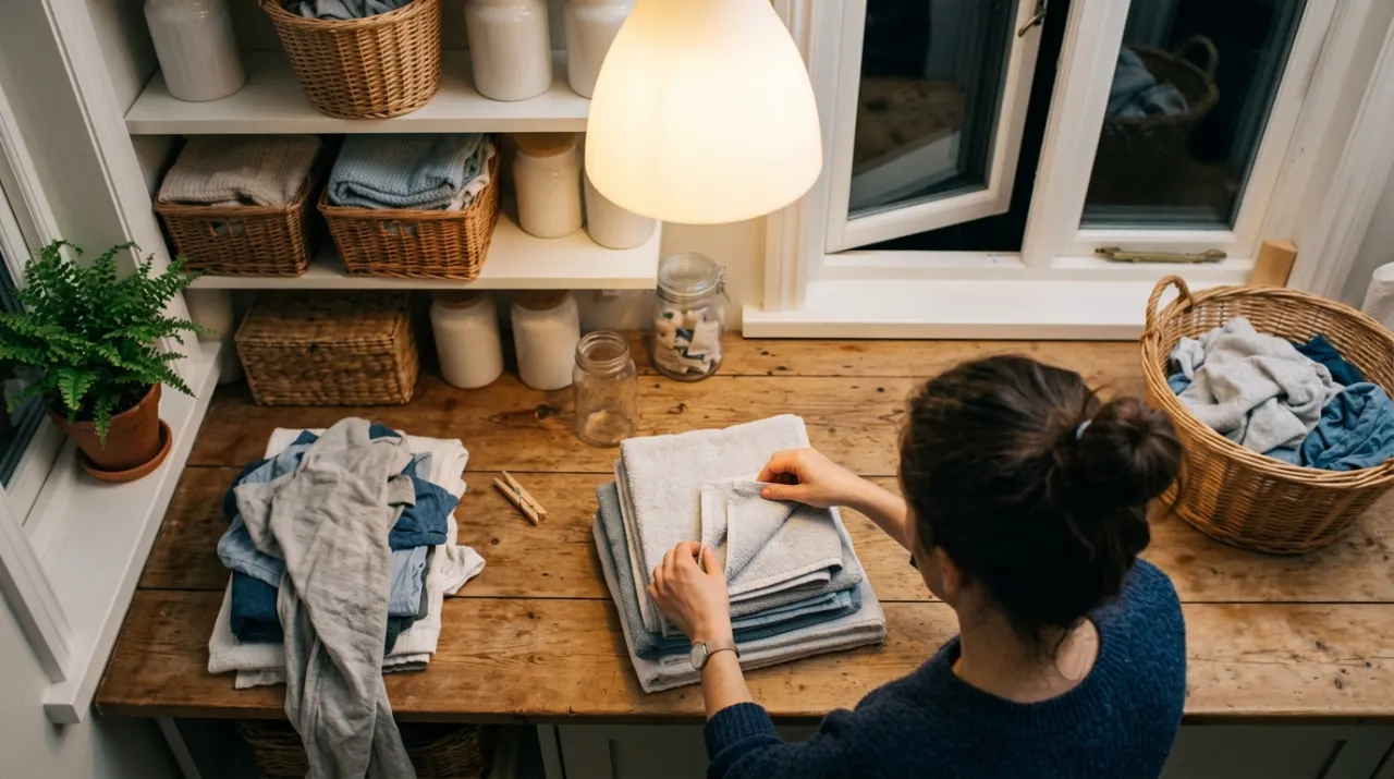 Overhead view of a person folding clean laundry in a sunlit laundry room, in warm evening lamplight