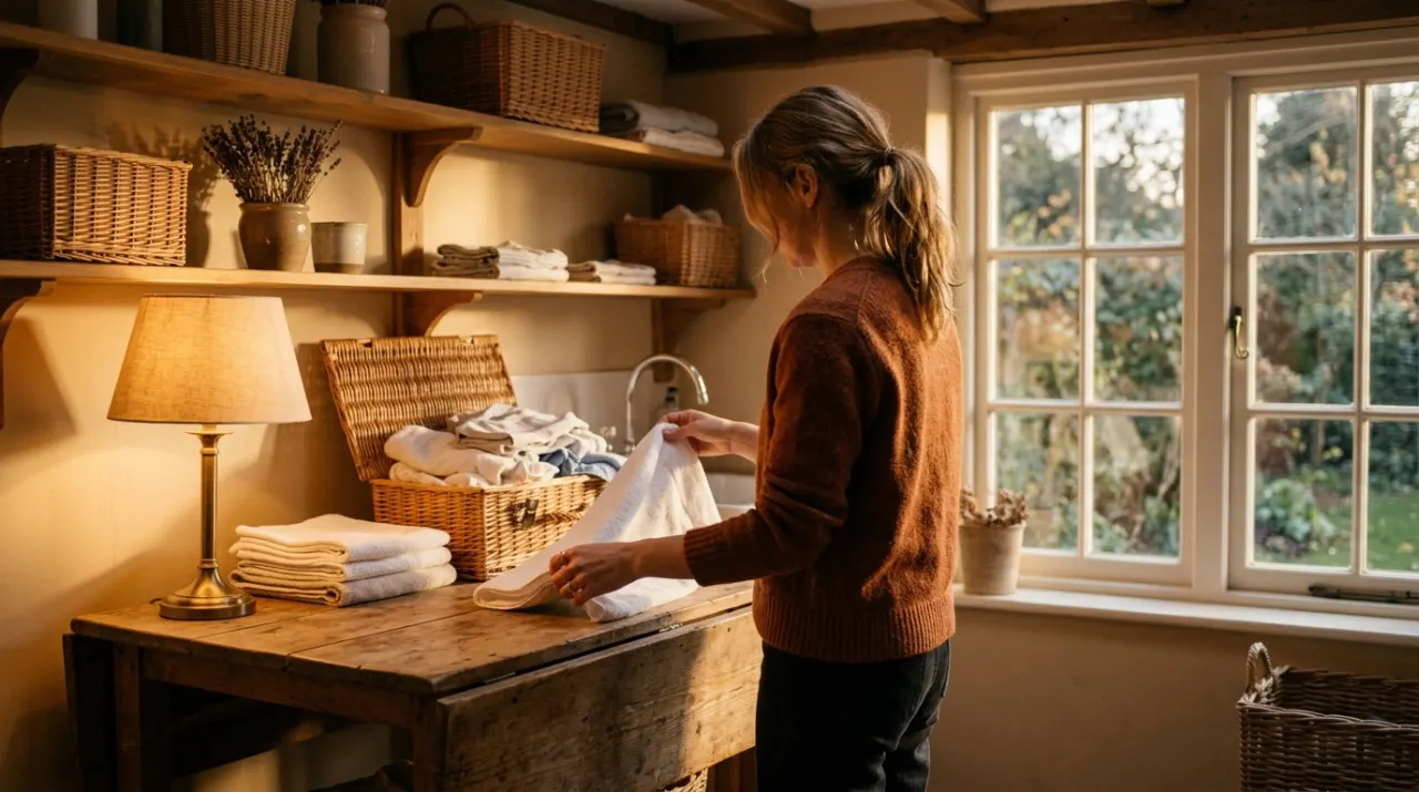 Wide environmental view of a person folding clean laundry in a sunlit laundry room, in warm evening lamplight