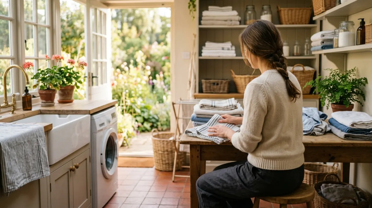 Wide view of a person folding clean laundry in a sunlit laundry room, in soft early-morning light
