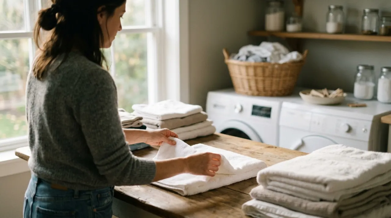 Over-the-shoulder view of a person folding clean laundry in a sunlit laundry room, in soft early-morning light