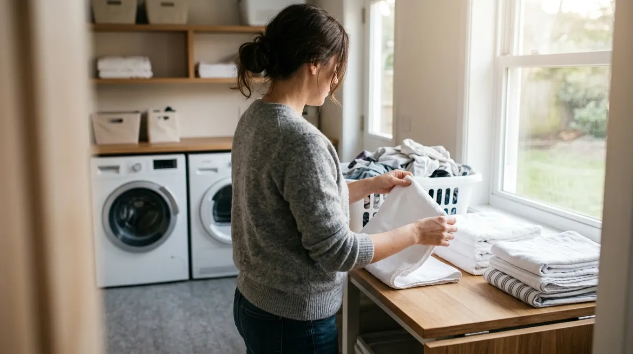Three-quarter view of a person folding clean laundry in a sunlit laundry room, in soft early-morning light