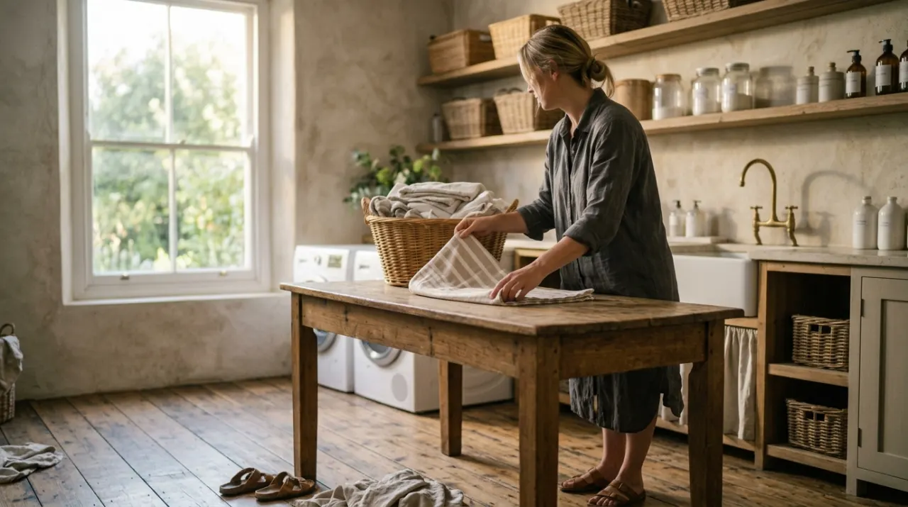 Low-angle view of a person folding clean laundry in a sunlit laundry room, in soft early-morning light