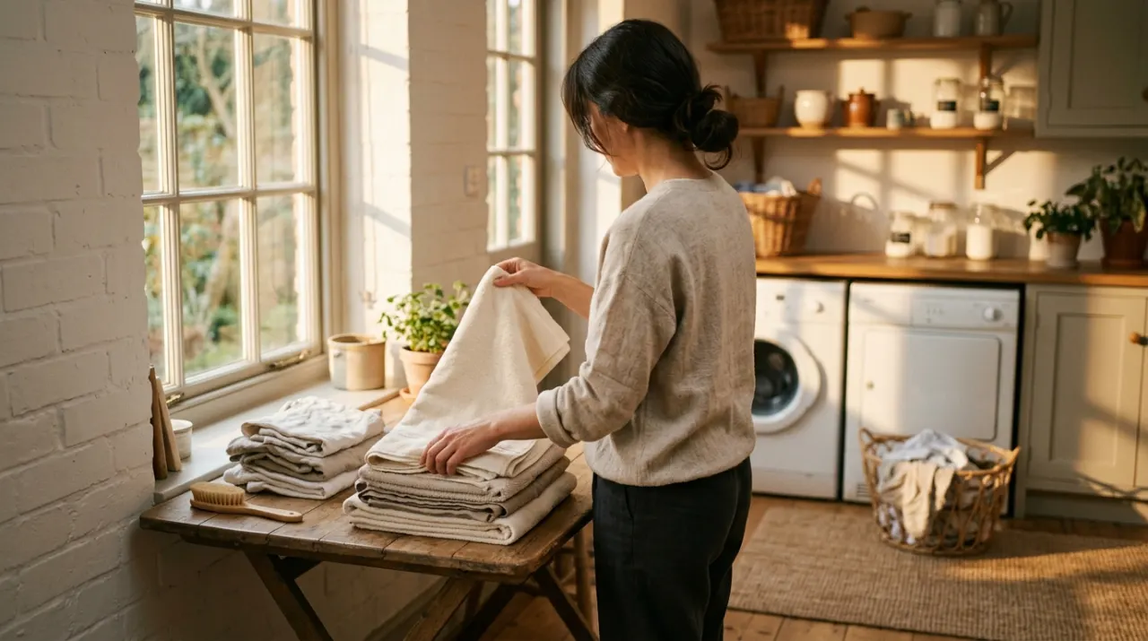 Golden-hour view of a person folding clean laundry in a sunlit laundry room