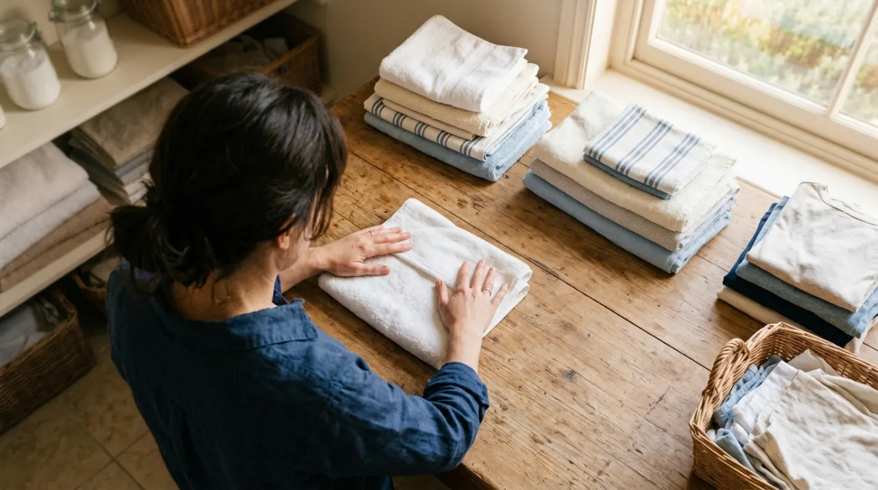 Overhead view of a person folding clean laundry in a sunlit laundry room, in soft early-morning light