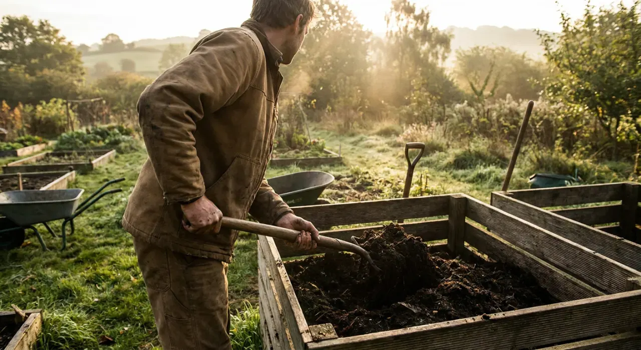 Wide view of a person turning dark crumbly compost with a garden fork beside a compost bin, in soft early-morning light