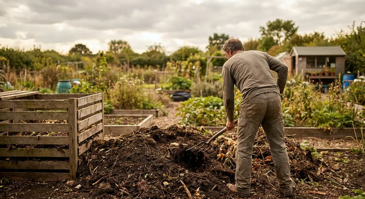 Wide view of a person turning dark crumbly compost with a garden fork beside a compost bin, in soft overcast light
