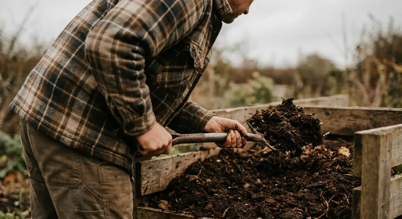 Over-the-shoulder view of a person turning dark crumbly compost with a garden fork beside a compost bin, in soft overcast light