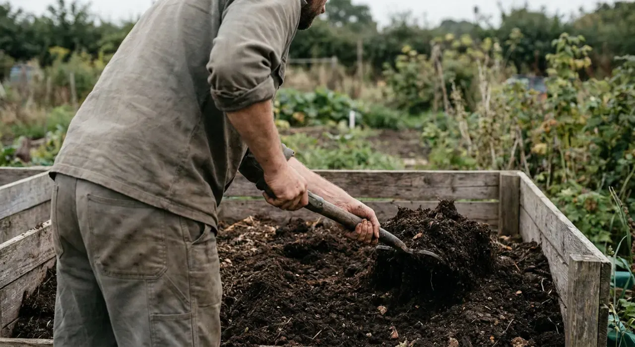 Three-quarter view of a person turning dark crumbly compost with a garden fork beside a compost bin, in soft overcast light