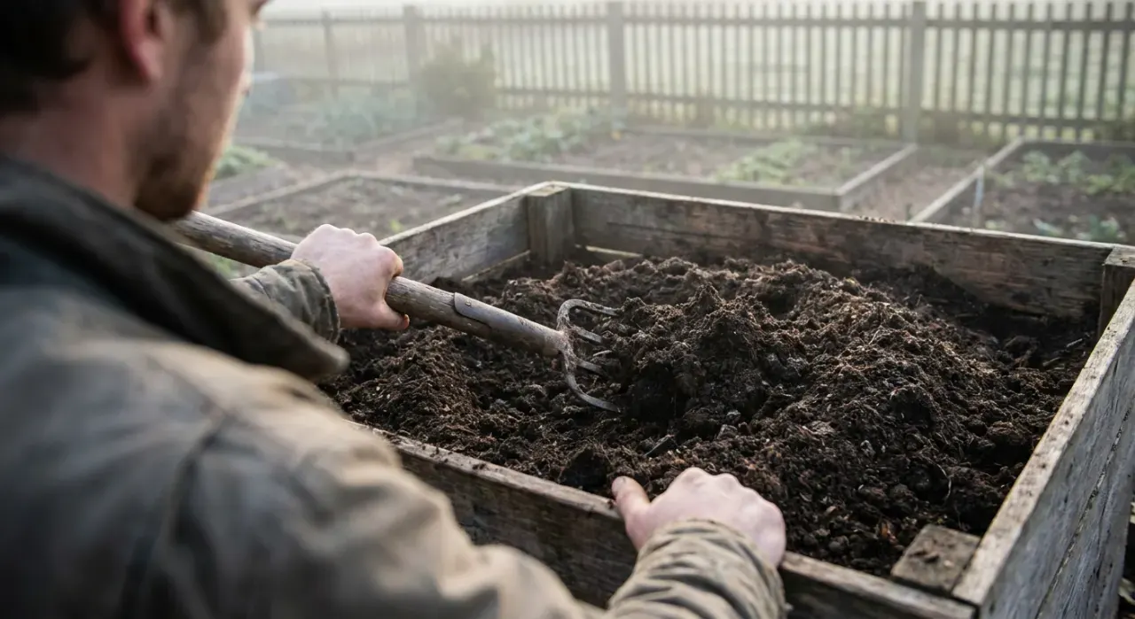 Over-the-shoulder view of a person turning dark crumbly compost with a garden fork beside a compost bin, in soft early-morning light