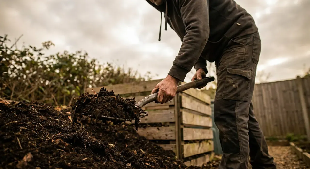 Low-angle view of a person turning dark crumbly compost with a garden fork beside a compost bin, in soft overcast light