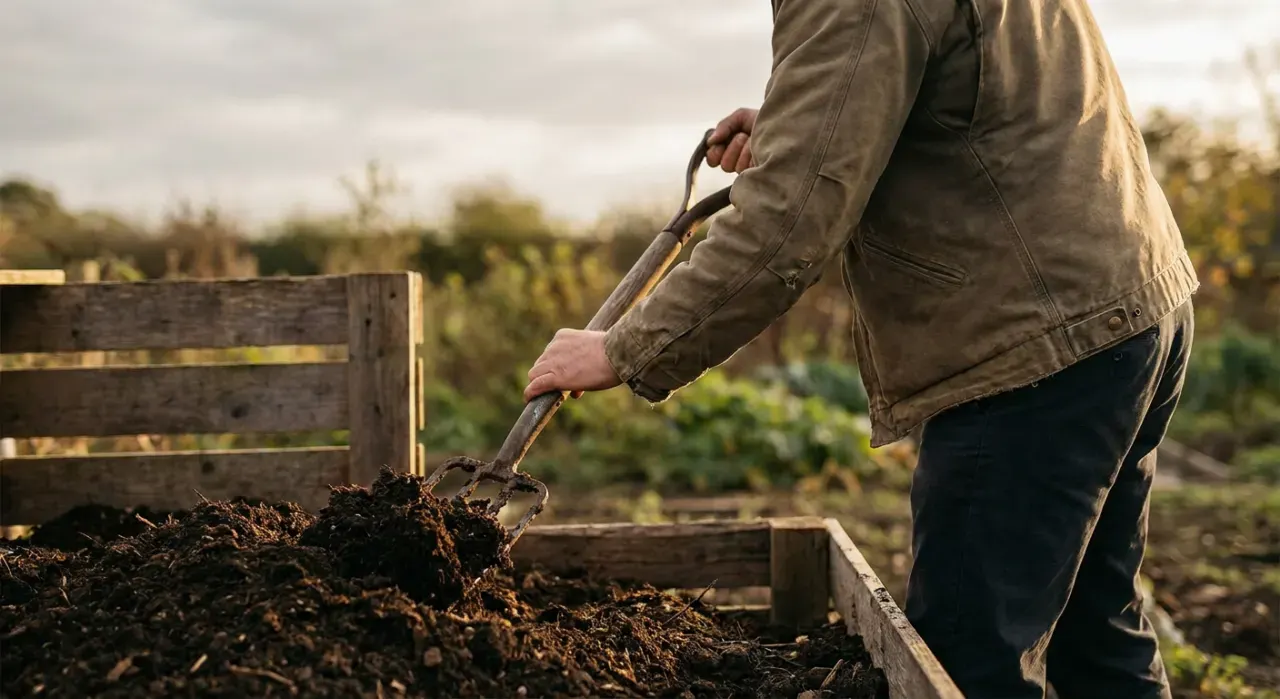 Golden-hour view of a person turning dark crumbly compost with a garden fork beside a compost bin