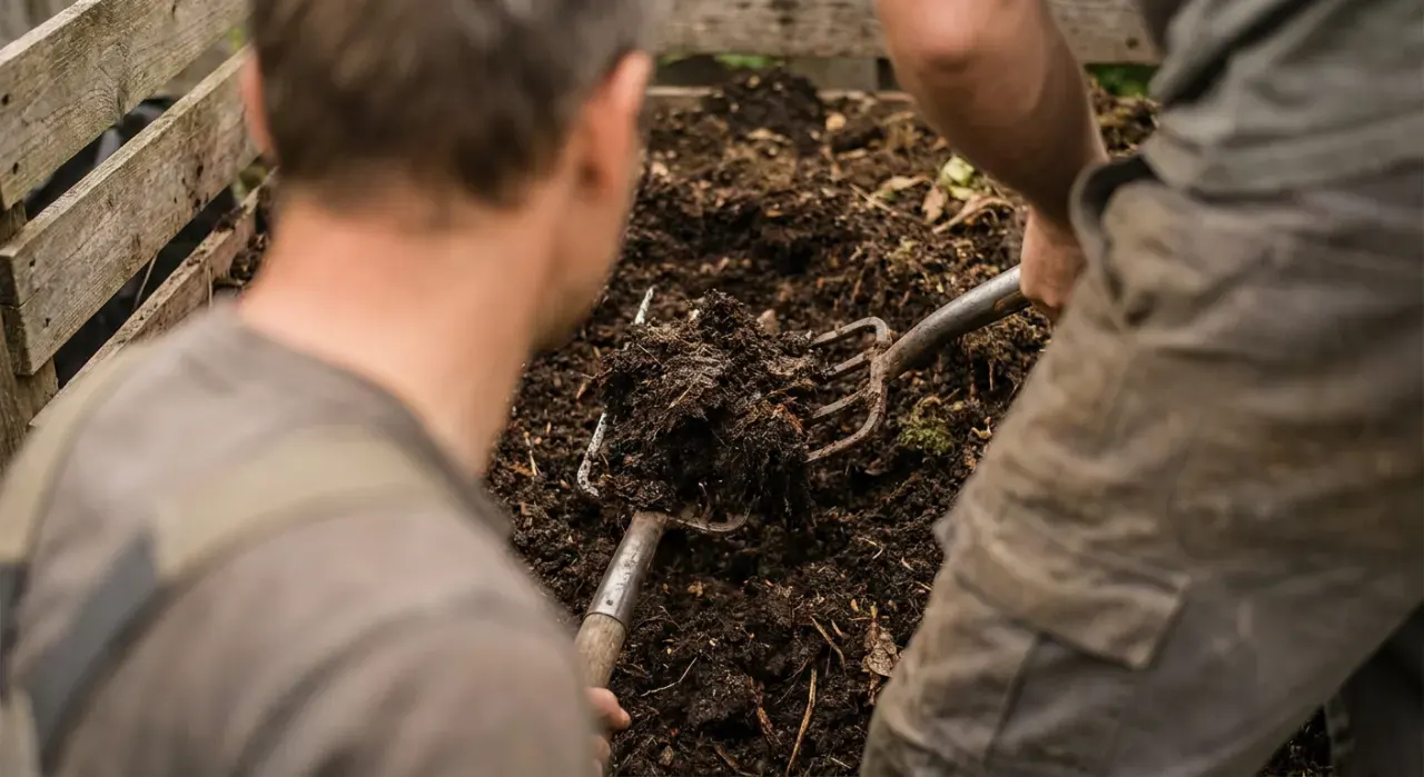 Close-up detail of the material being worked in a composting & soil project, in soft overcast light
