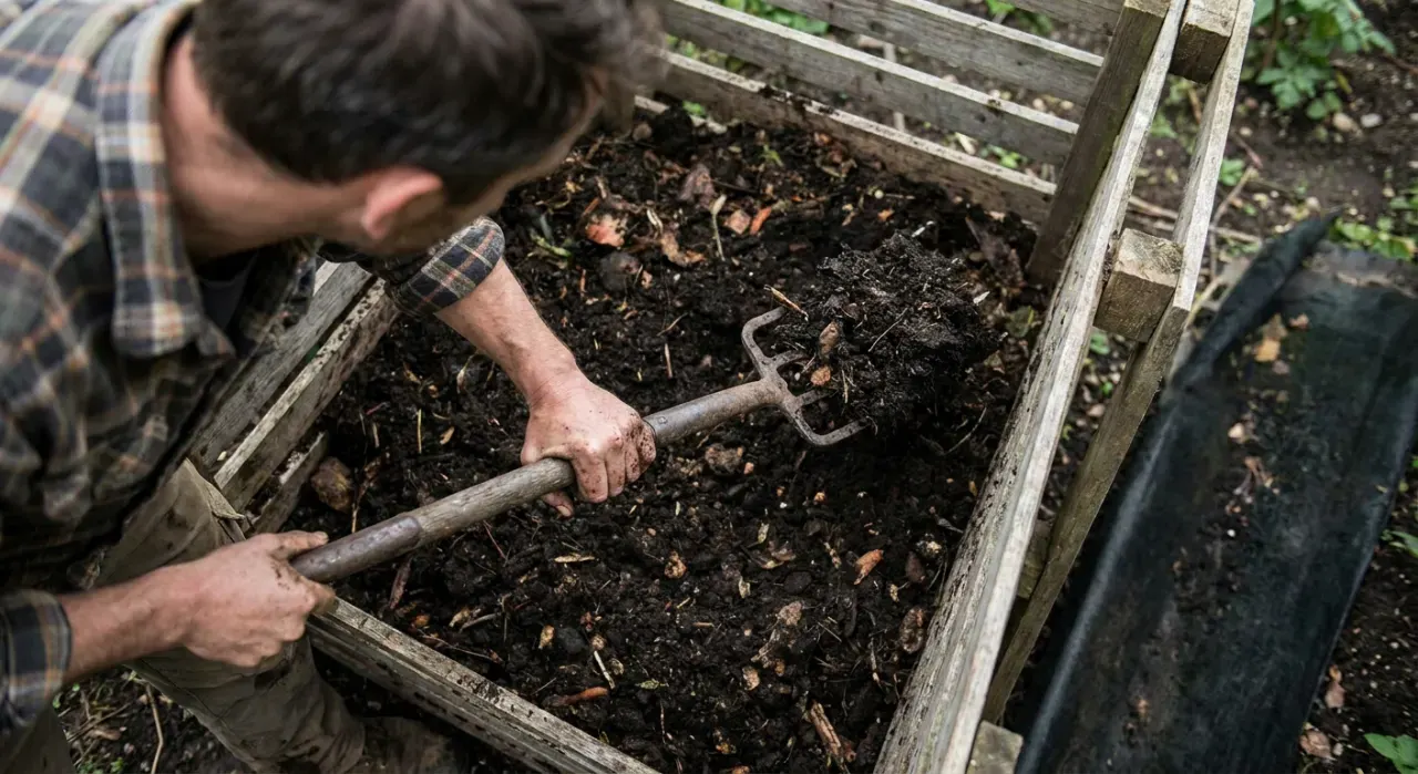 Overhead view of a person turning dark crumbly compost with a garden fork beside a compost bin, in soft overcast light