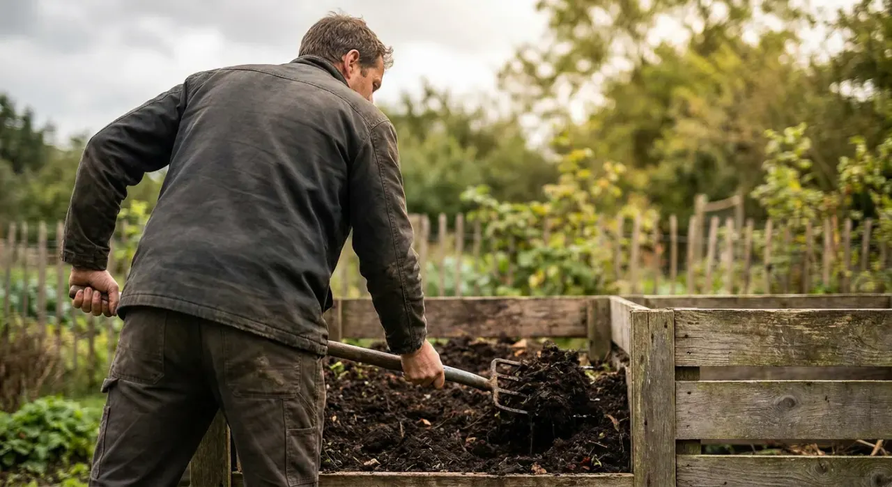 Wide environmental view of a person turning dark crumbly compost with a garden fork beside a compost bin, in soft overcast light