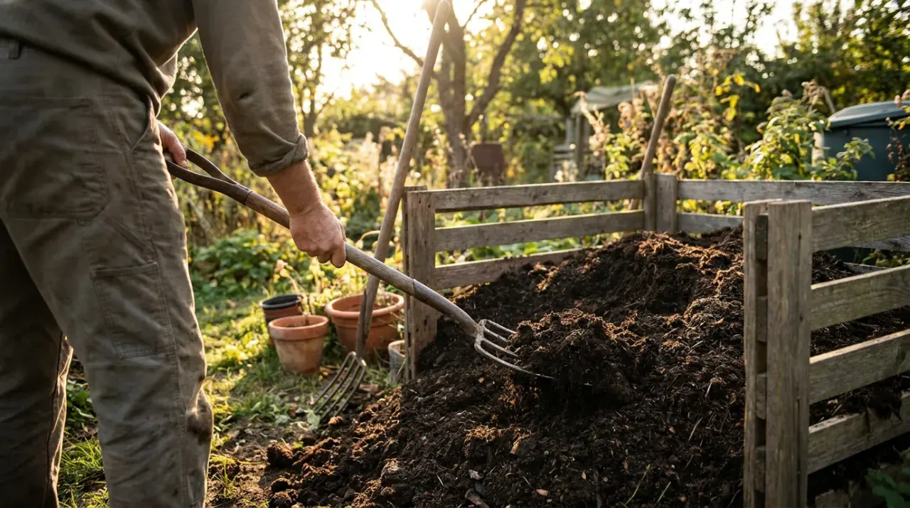 Wide view of a person turning dark crumbly compost with a garden fork beside a compost bin, in warm late-afternoon light