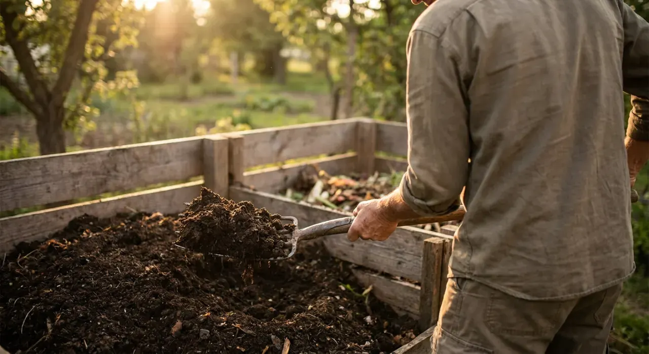 Over-the-shoulder view of a person turning dark crumbly compost with a garden fork beside a compost bin, in warm late-afternoon light