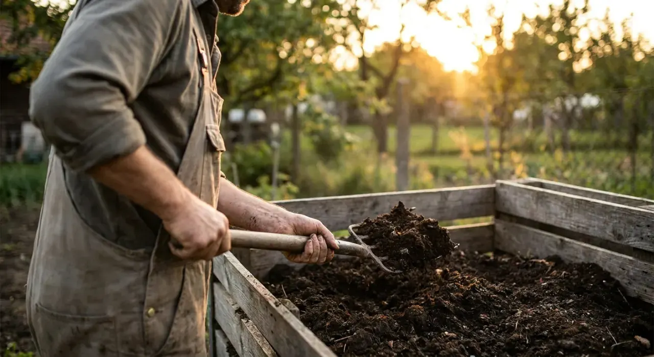 Three-quarter view of a person turning dark crumbly compost with a garden fork beside a compost bin, in warm late-afternoon light