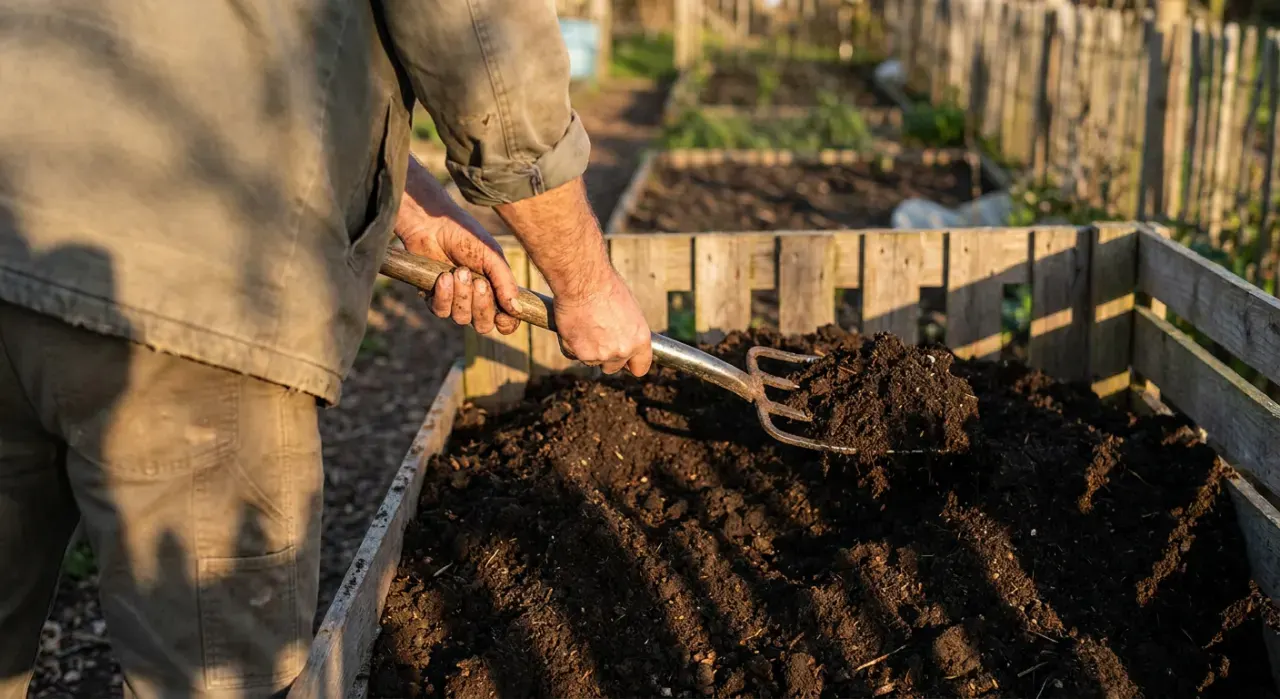 Golden-hour view of a person turning dark crumbly compost with a garden fork beside a compost bin