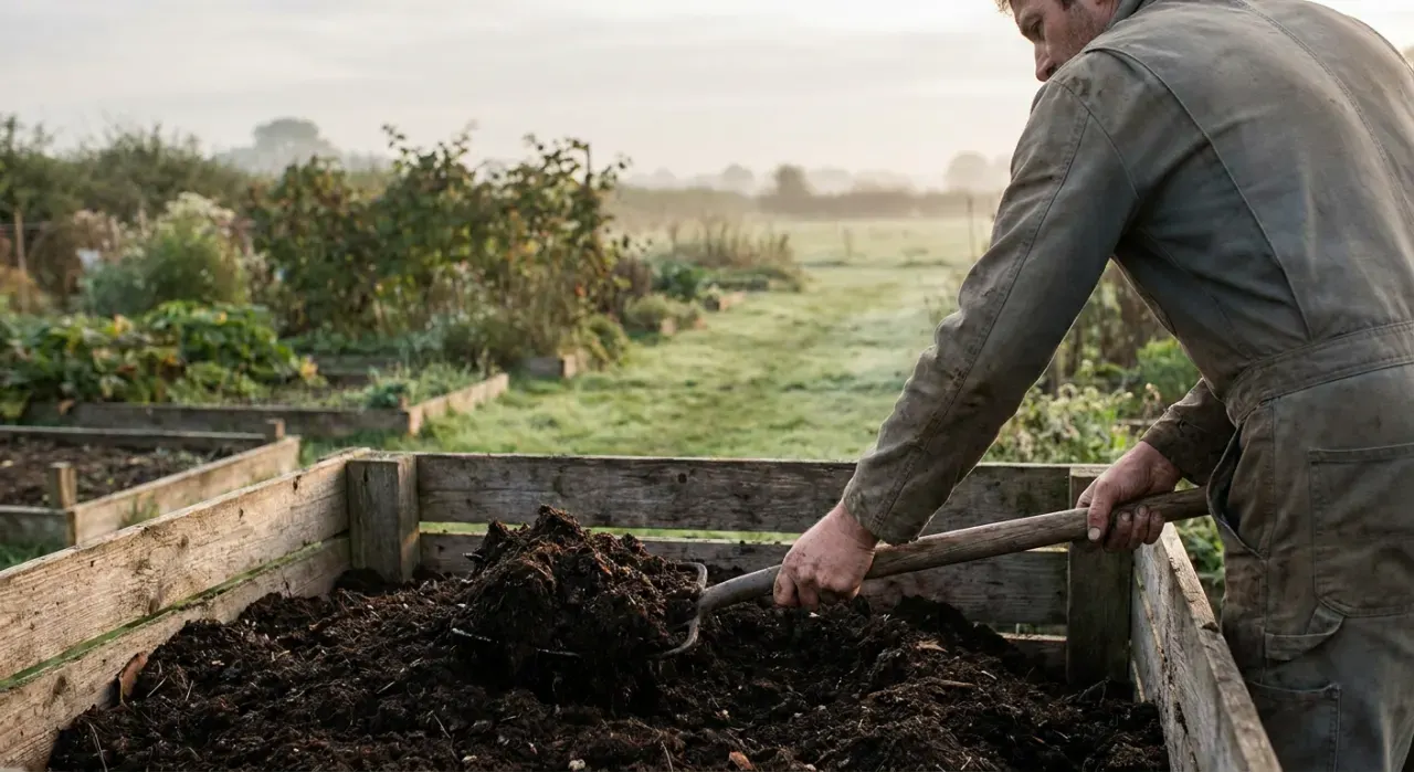 Three-quarter view of a person turning dark crumbly compost with a garden fork beside a compost bin, in soft early-morning light