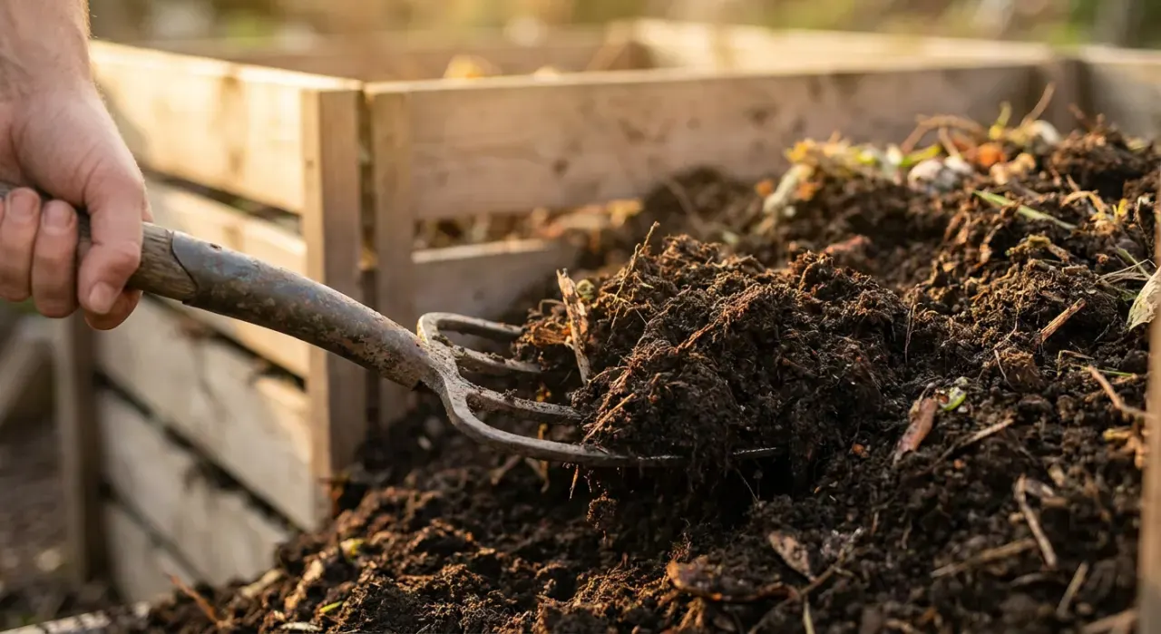 Close-up detail of the material being worked in a composting & soil project, in warm late-afternoon light