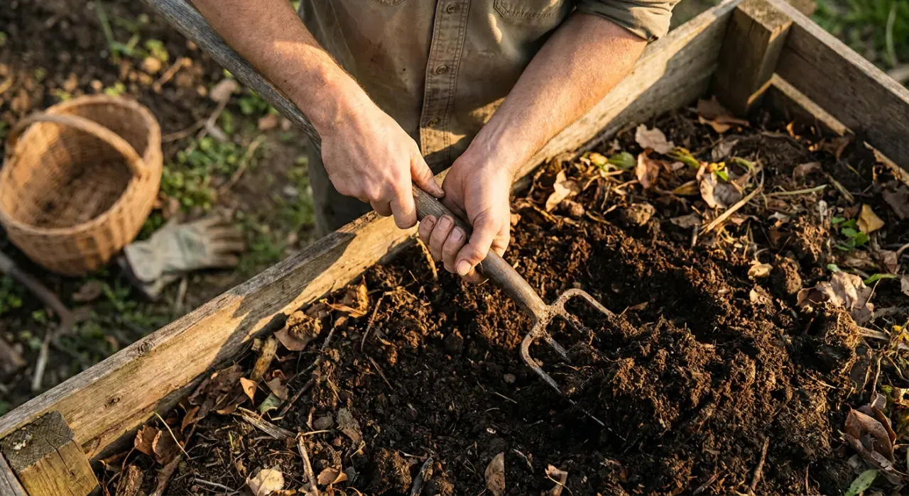 Overhead view of a person turning dark crumbly compost with a garden fork beside a compost bin, in warm late-afternoon light