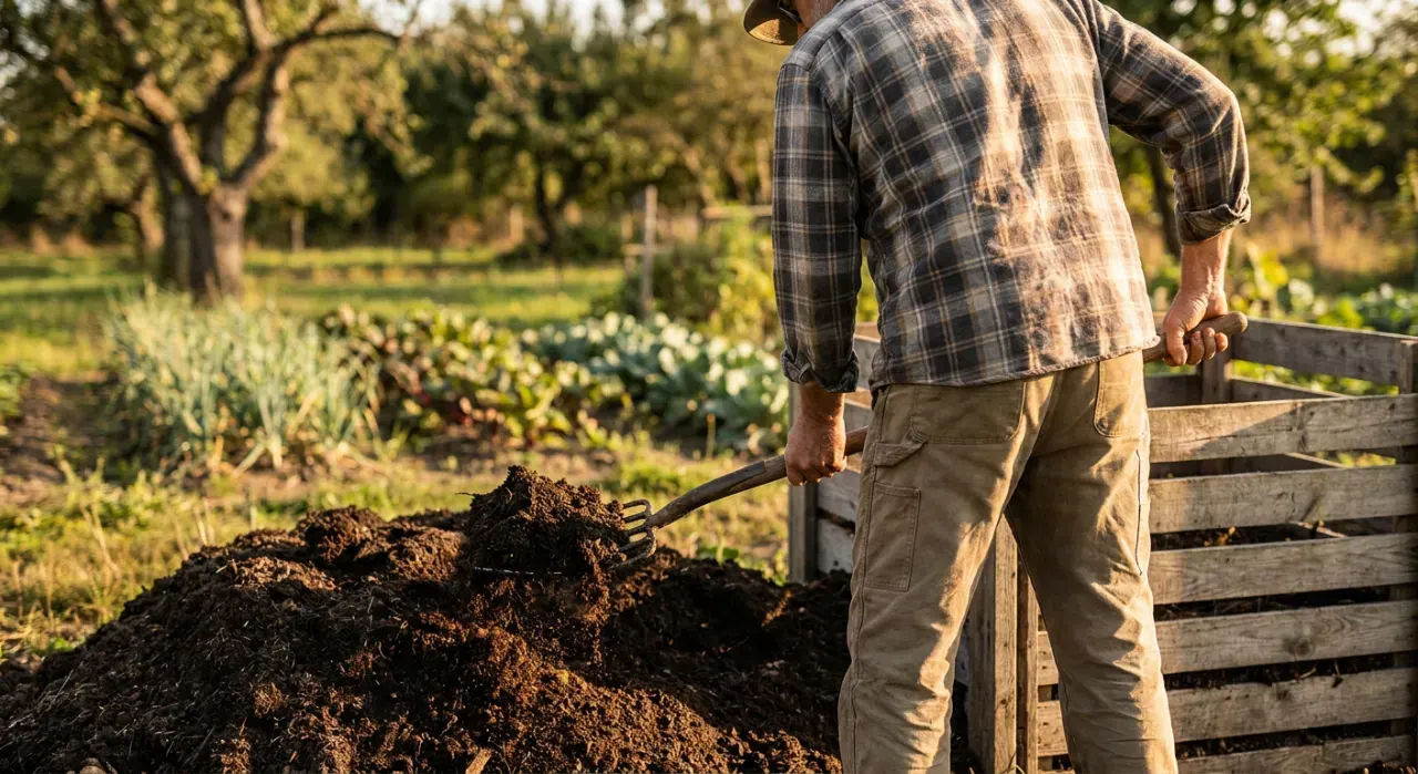 Wide environmental view of a person turning dark crumbly compost with a garden fork beside a compost bin, in warm late-afternoon light