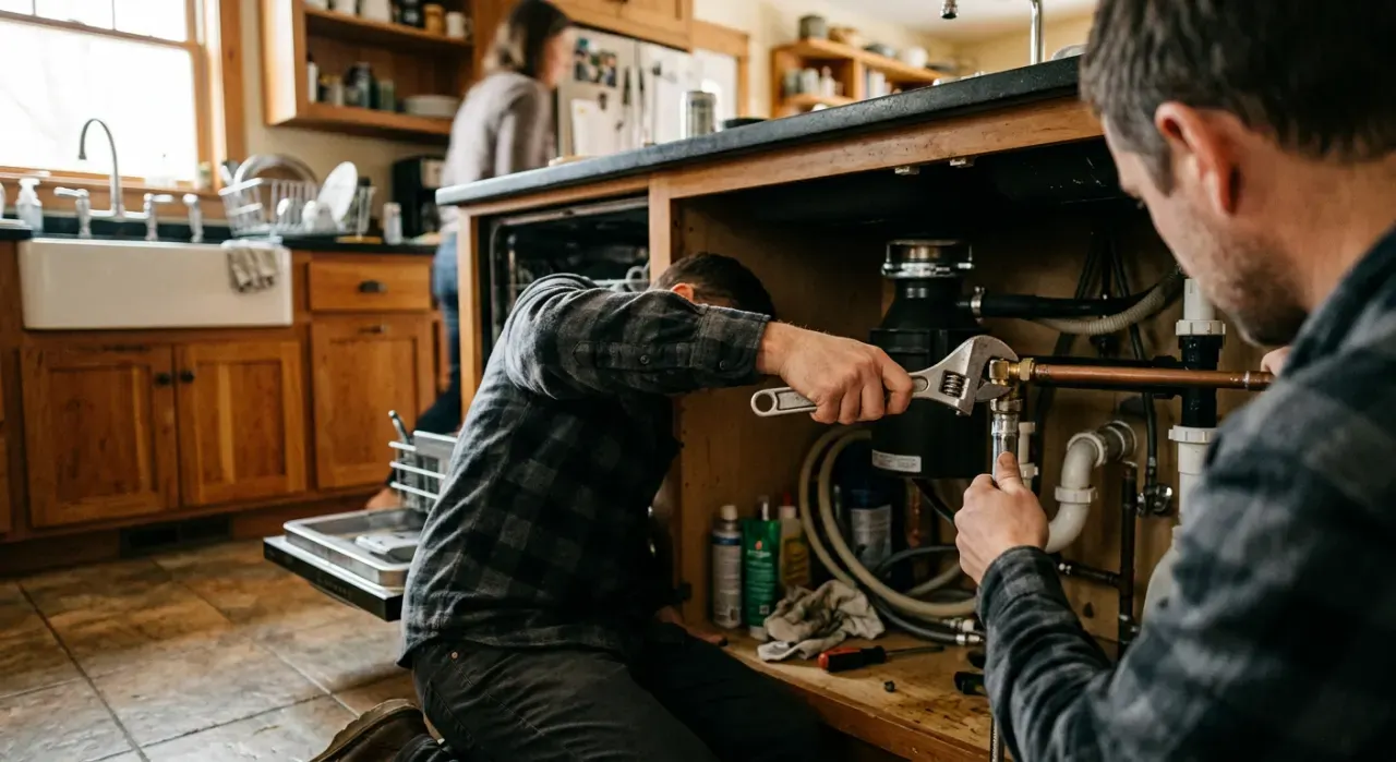 Wide view of a person's hands tightening a fitting under a kitchen sink with a wrench, in soft early-morning light