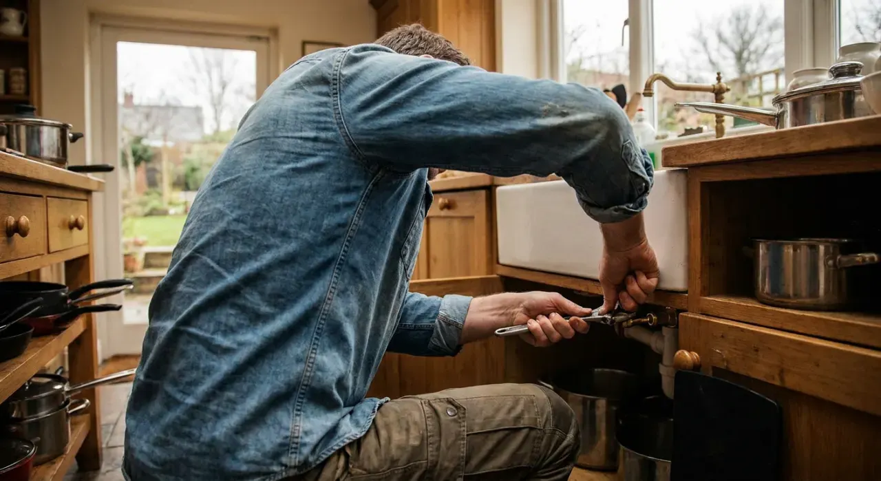Wide view of a person's hands tightening a fitting under a kitchen sink with a wrench, in soft overcast light