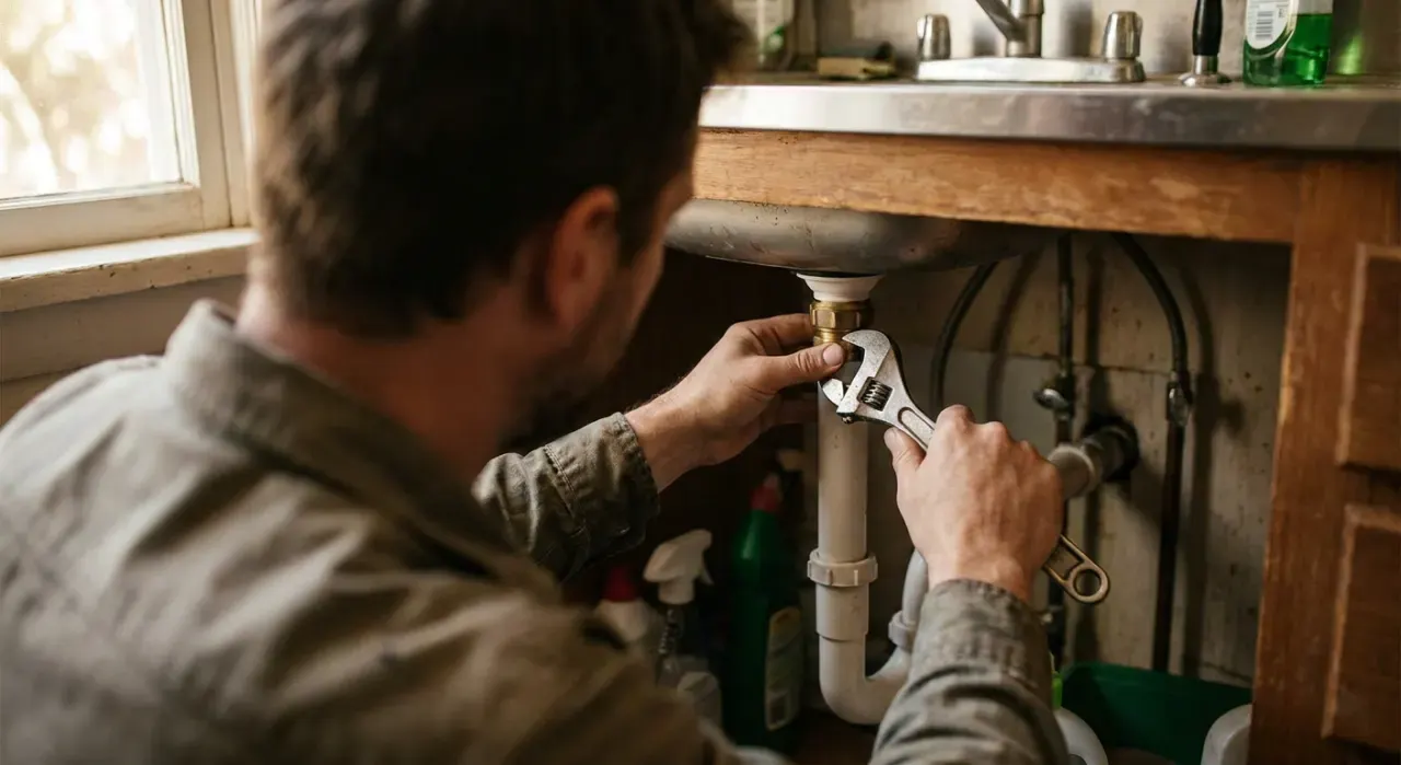 Over-the-shoulder view of a person's hands tightening a fitting under a kitchen sink with a wrench, in soft overcast light