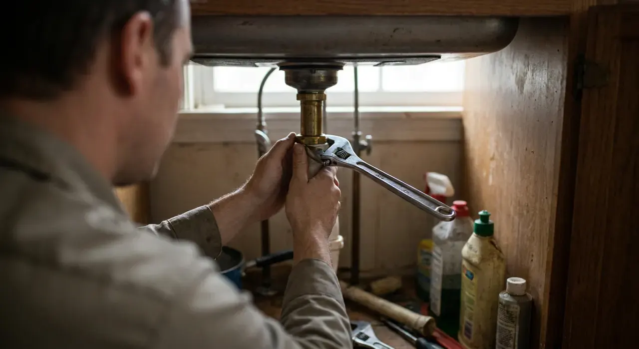 Three-quarter view of a person's hands tightening a fitting under a kitchen sink with a wrench, in soft overcast light