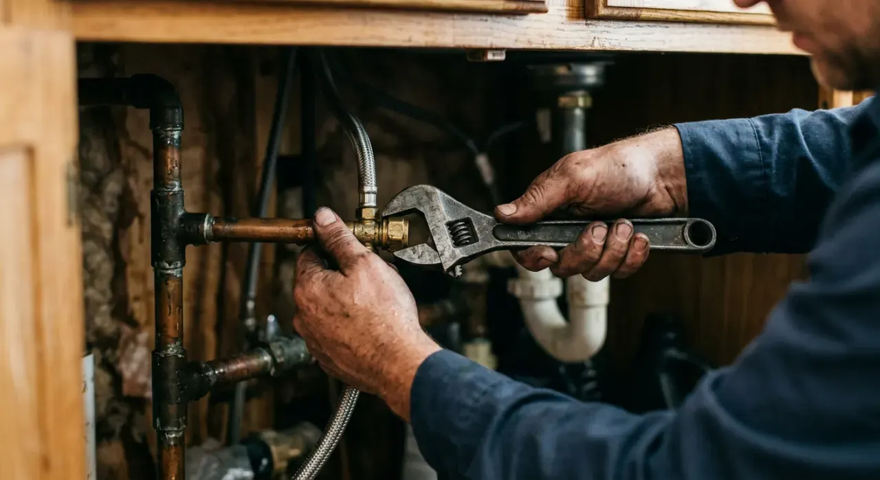 Over-the-shoulder view of a person's hands tightening a fitting under a kitchen sink with a wrench, in soft early-morning light