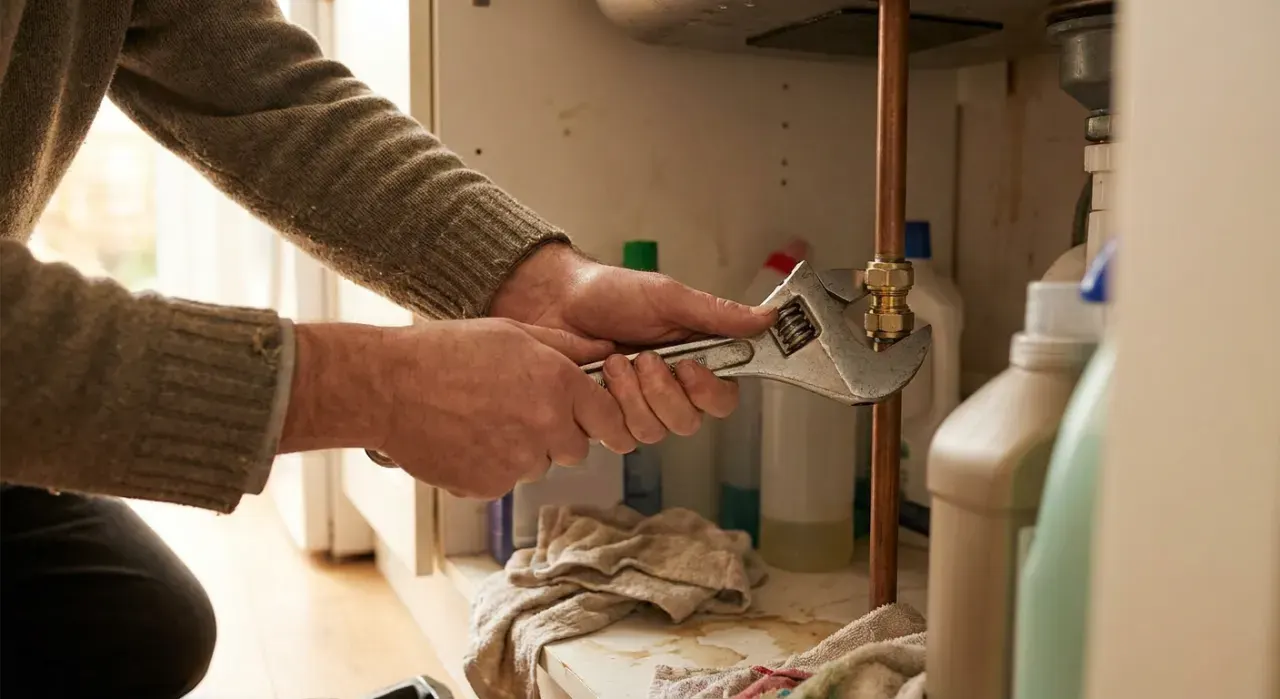 Low-angle view of a person's hands tightening a fitting under a kitchen sink with a wrench, in soft overcast light