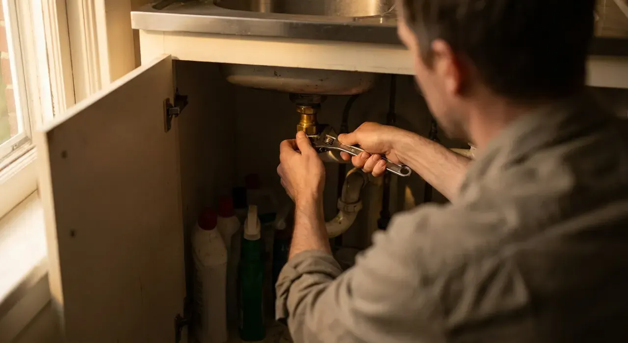 Golden-hour view of a person's hands tightening a fitting under a kitchen sink with a wrench