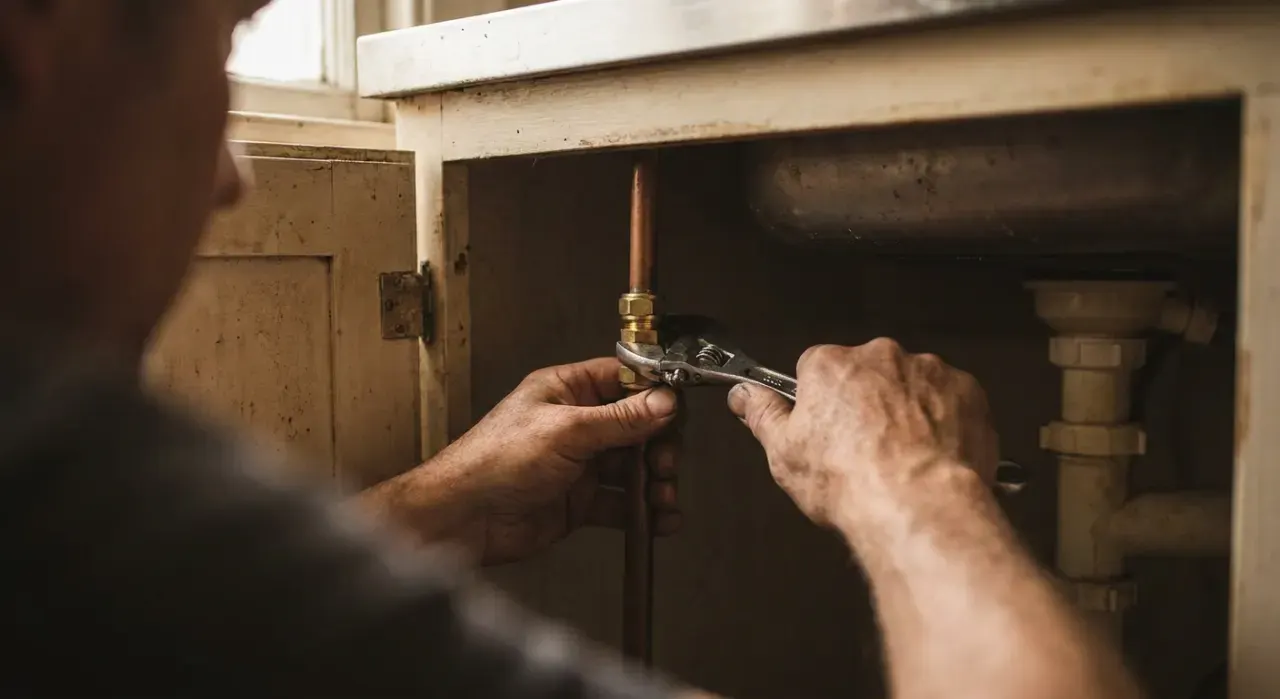 Close-up detail of the material being worked in a diy plumbing project, in soft overcast light