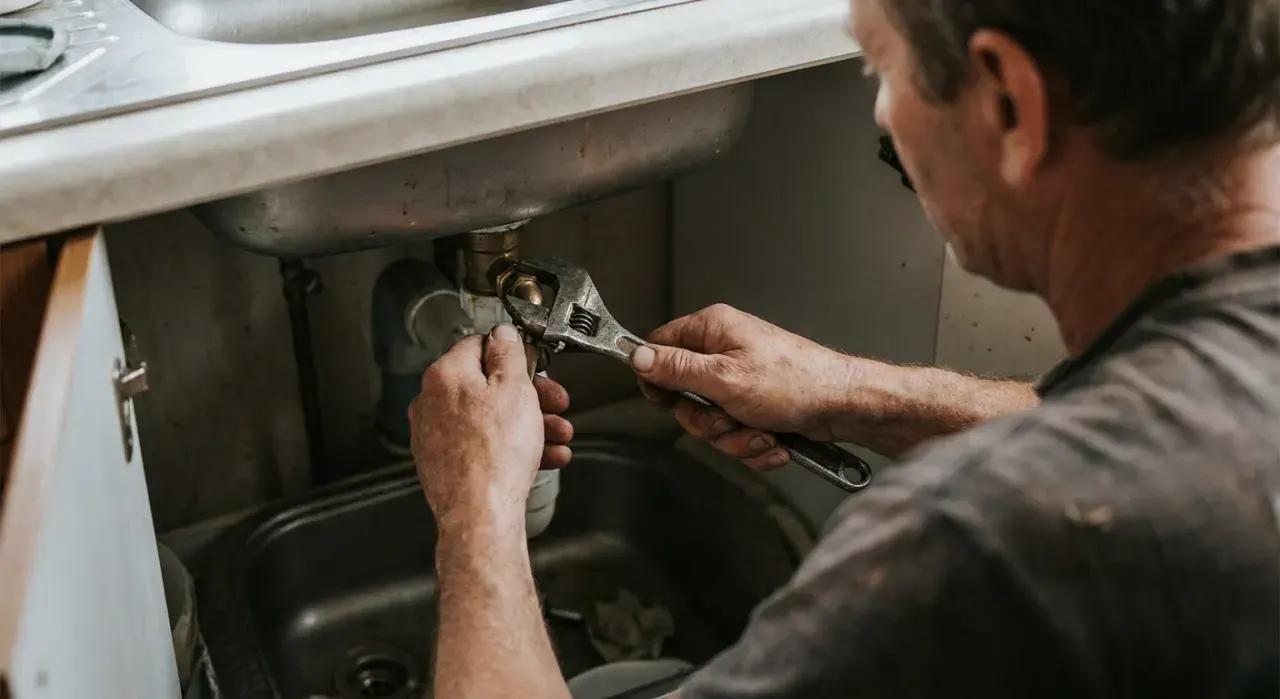 Overhead view of a person's hands tightening a fitting under a kitchen sink with a wrench, in soft overcast light