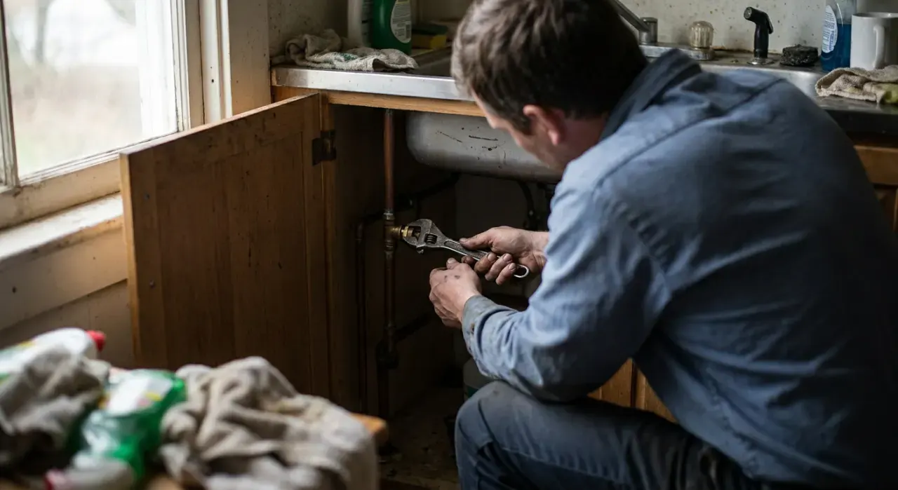 Wide environmental view of a person's hands tightening a fitting under a kitchen sink with a wrench, in soft overcast light