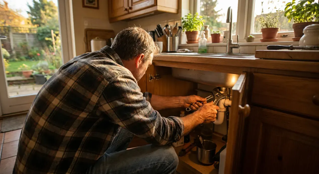 Wide view of a person's hands tightening a fitting under a kitchen sink with a wrench, in warm late-afternoon light