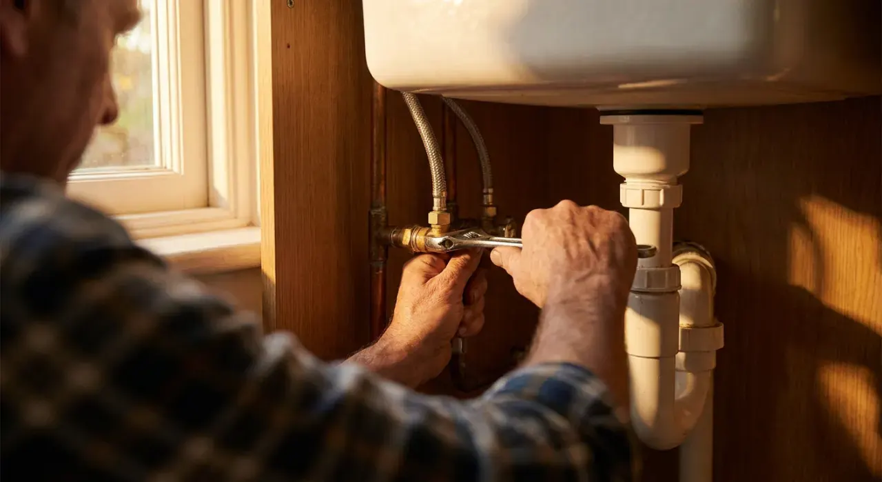 Over-the-shoulder view of a person's hands tightening a fitting under a kitchen sink with a wrench, in warm late-afternoon light