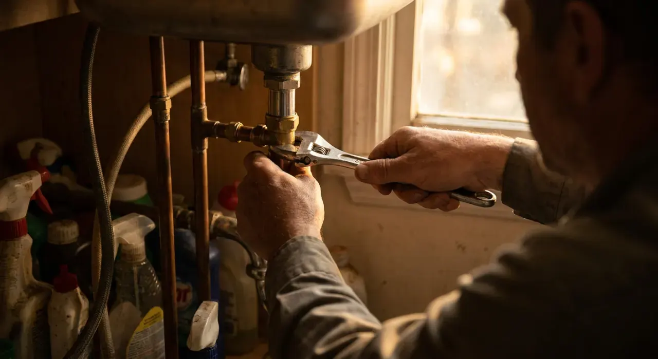 Three-quarter view of a person's hands tightening a fitting under a kitchen sink with a wrench, in warm late-afternoon light