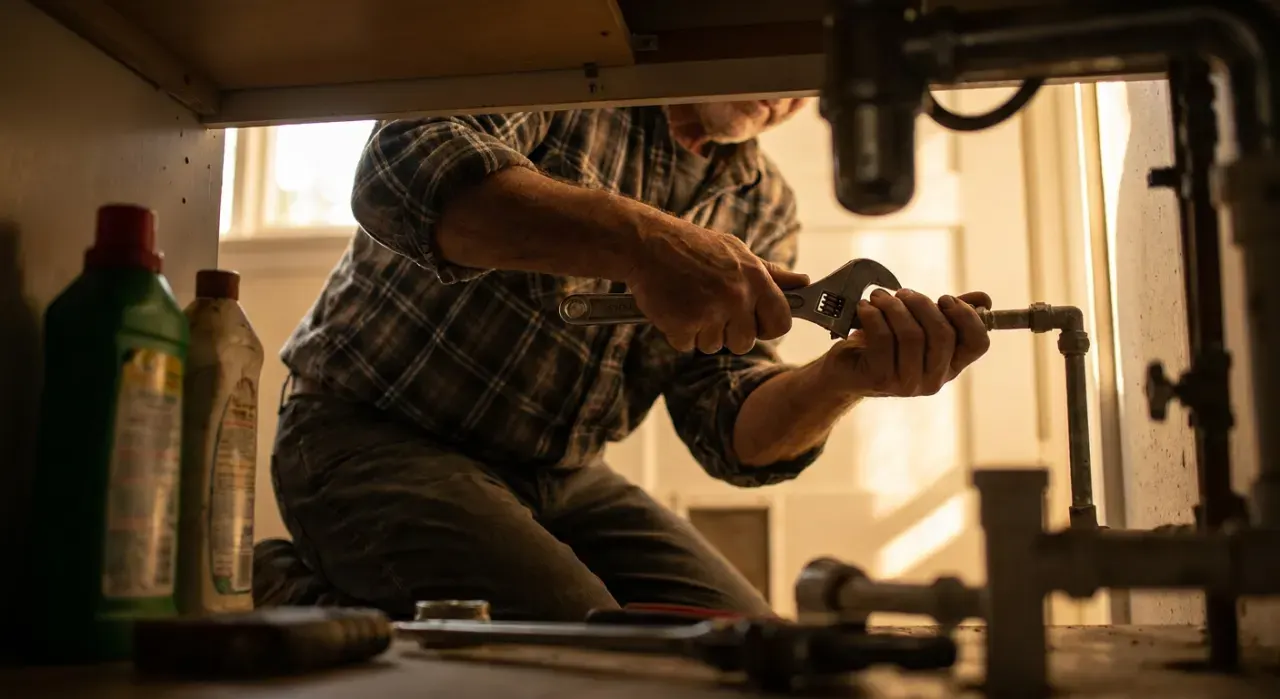 Low-angle view of a person's hands tightening a fitting under a kitchen sink with a wrench, in warm late-afternoon light
