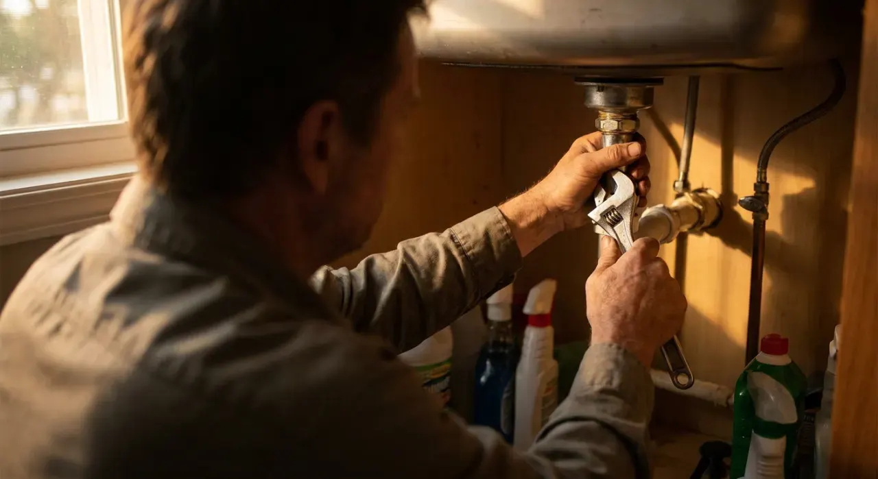 Golden-hour view of a person's hands tightening a fitting under a kitchen sink with a wrench