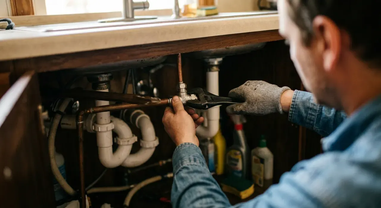 Three-quarter view of a person's hands tightening a fitting under a kitchen sink with a wrench, in soft early-morning light