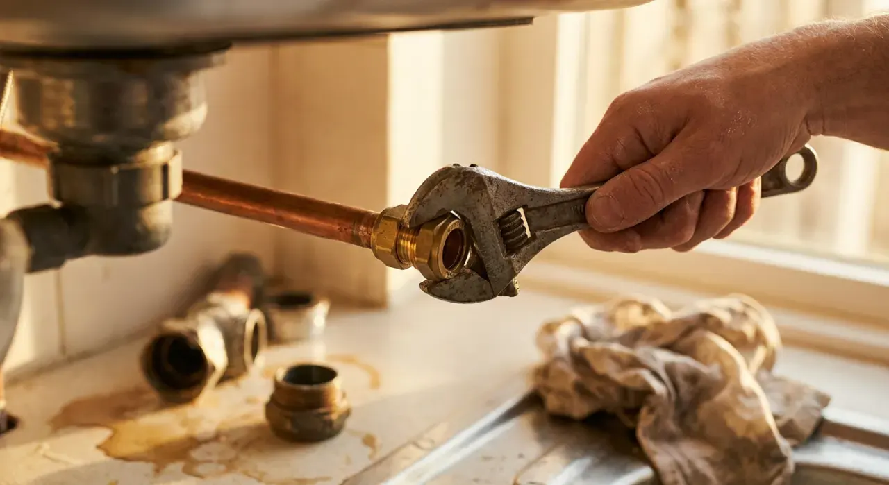 Close-up detail of the material being worked in a diy plumbing project, in warm late-afternoon light
