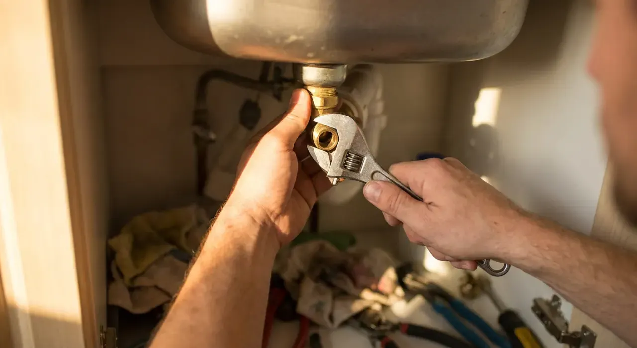 Overhead view of a person's hands tightening a fitting under a kitchen sink with a wrench, in warm late-afternoon light
