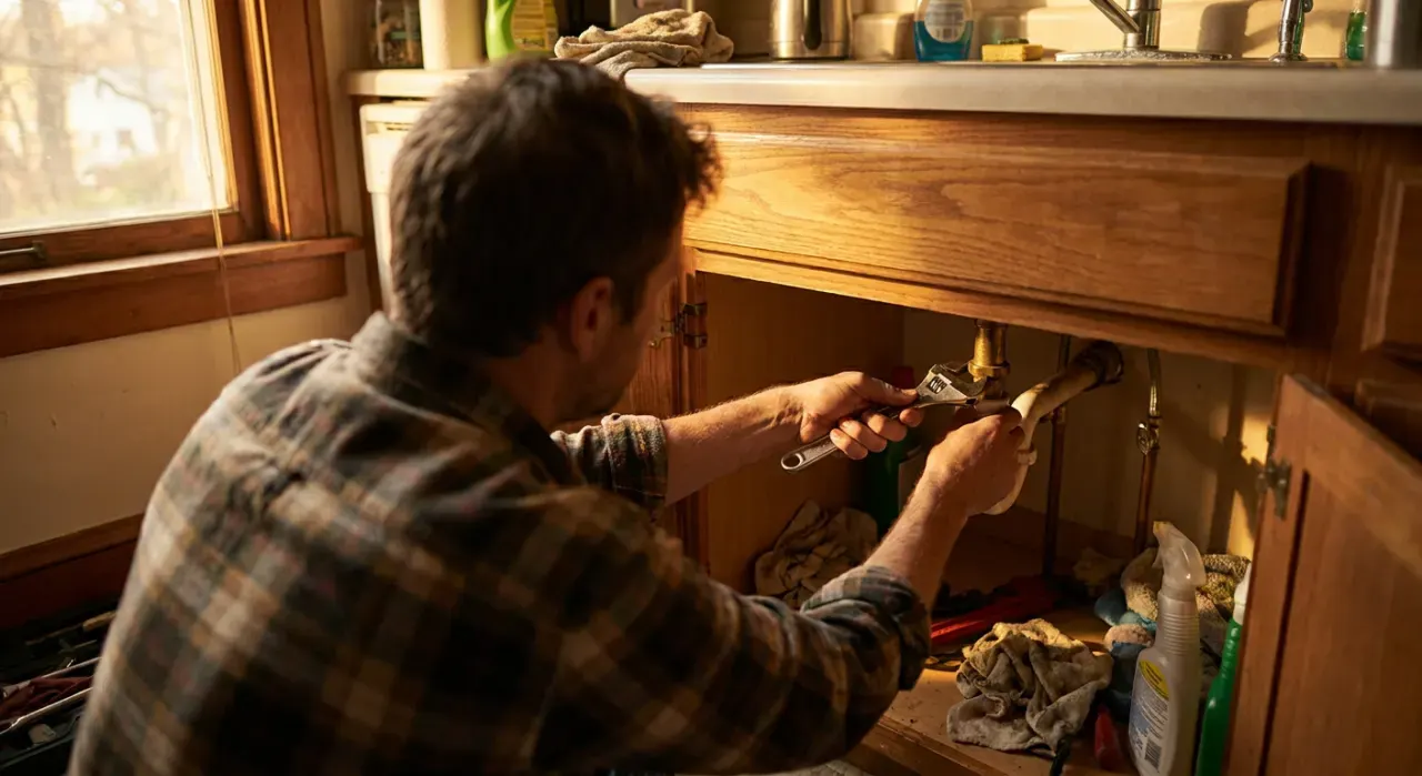 Wide environmental view of a person's hands tightening a fitting under a kitchen sink with a wrench, in warm late-afternoon light