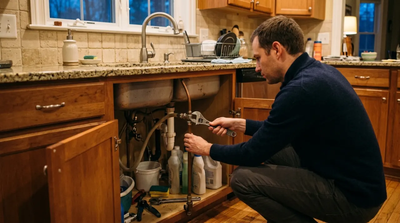 Wide view of a person's hands tightening a fitting under a kitchen sink with a wrench, in warm evening lamplight