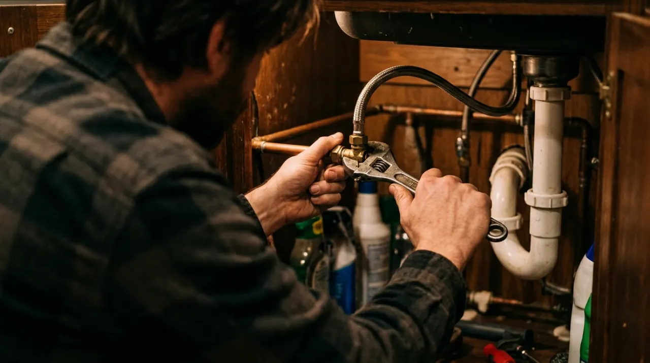Over-the-shoulder view of a person's hands tightening a fitting under a kitchen sink with a wrench, in warm evening lamplight