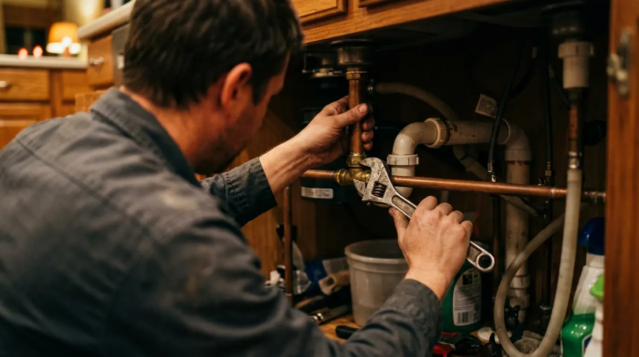 Three-quarter view of a person's hands tightening a fitting under a kitchen sink with a wrench, in warm evening lamplight