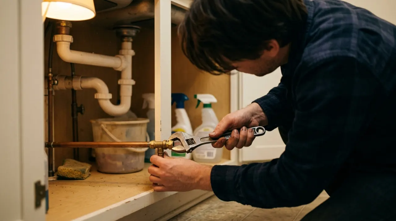 Low-angle view of a person's hands tightening a fitting under a kitchen sink with a wrench, in warm evening lamplight