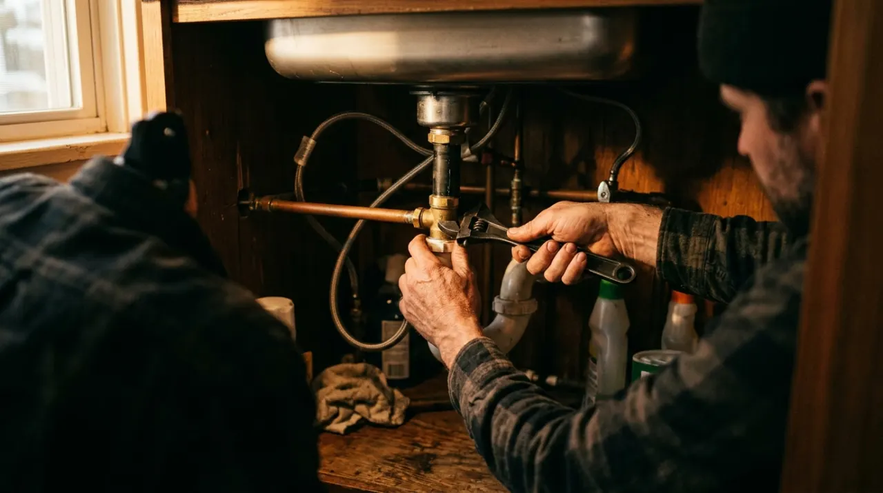Golden-hour view of a person's hands tightening a fitting under a kitchen sink with a wrench